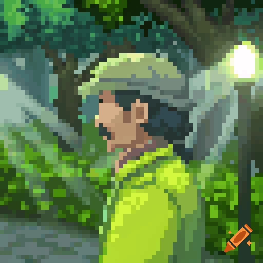 Pixel art of a person in a green coat and hat outdoors.
