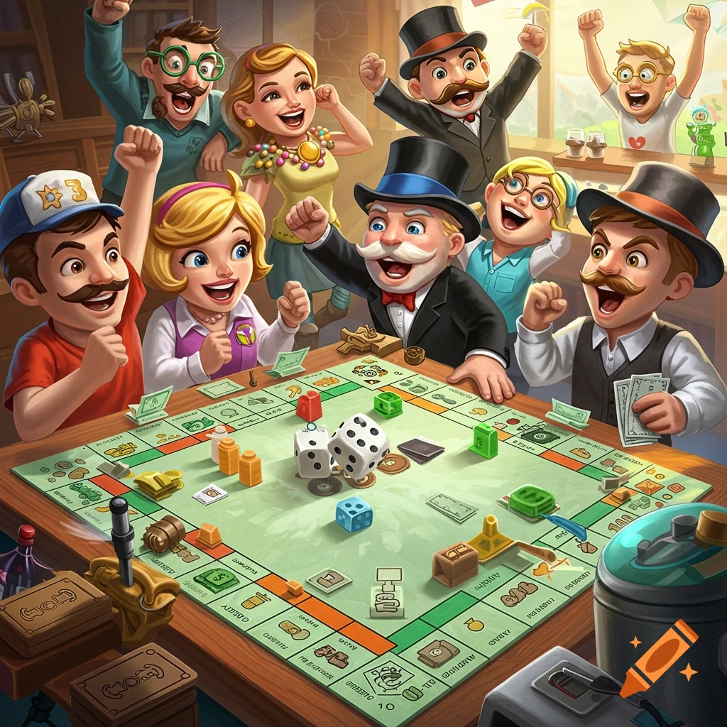 Cartoon people cheering while playing a game of Monopoly.