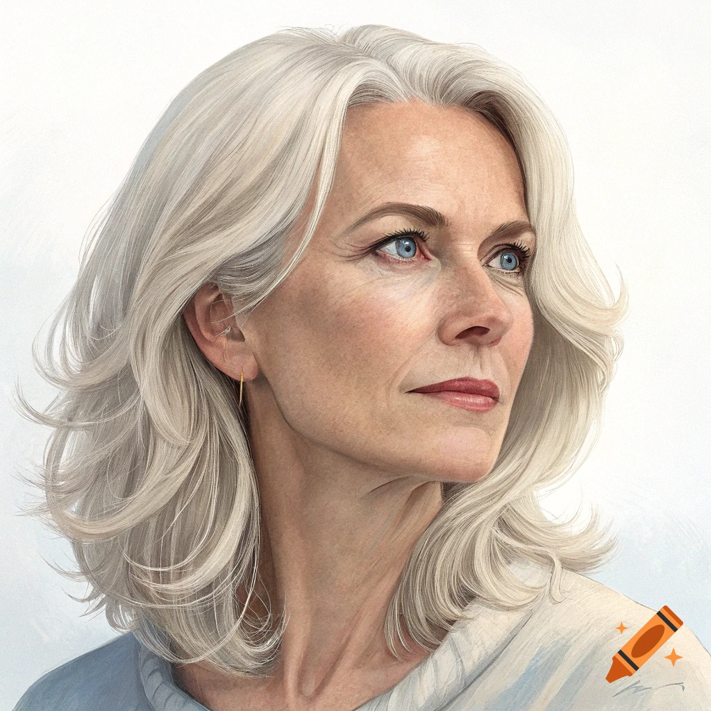 Portrait of a woman with medium-length platinum blonde hair and blue eyes.