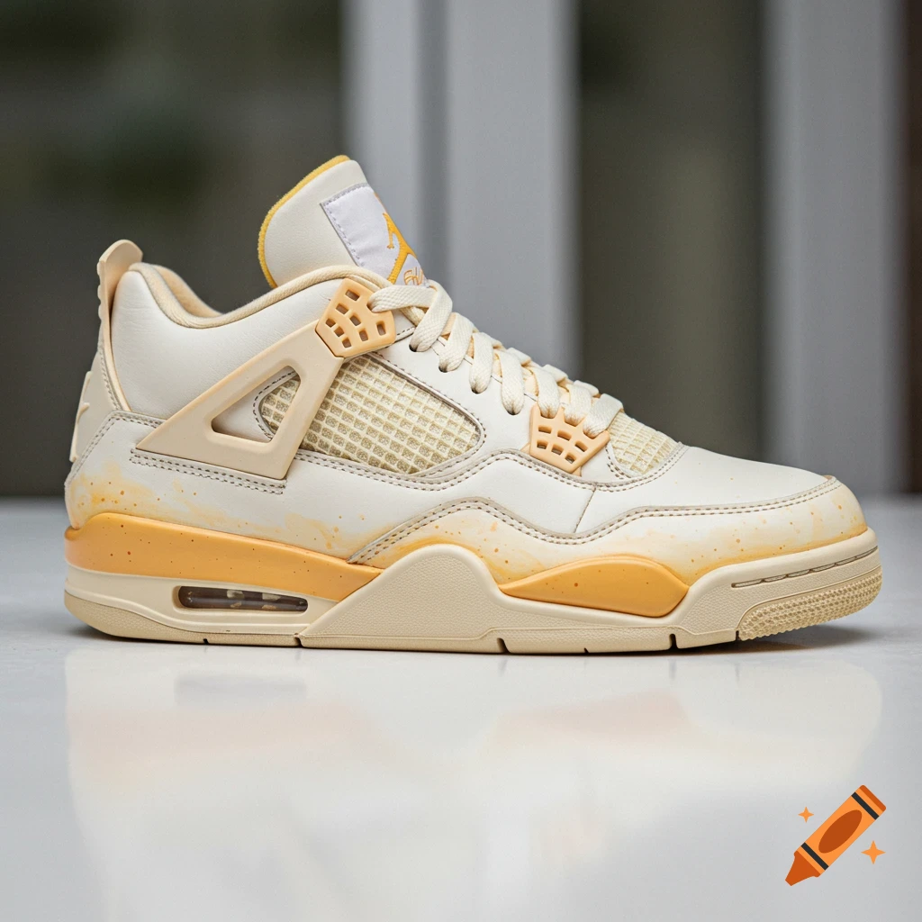 A close-up photo of a cream and yellow speckled sneaker on a white surface.