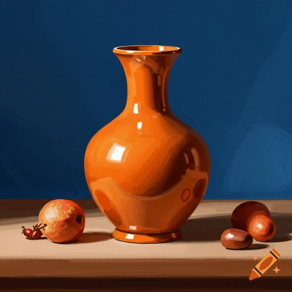 A still life with an orange vase and fruit.