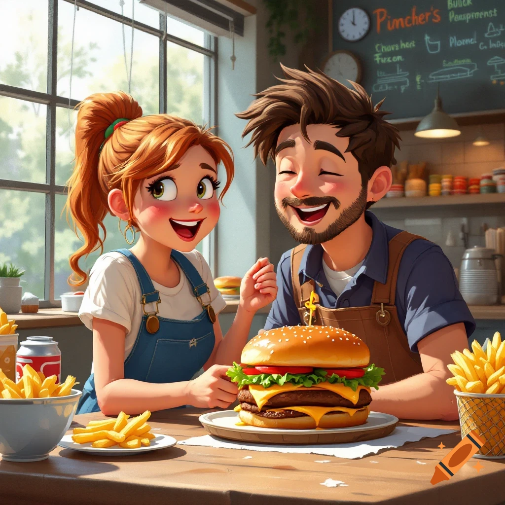 Two happy cartoon characters are about to eat a large burger and fries in a restaurant.