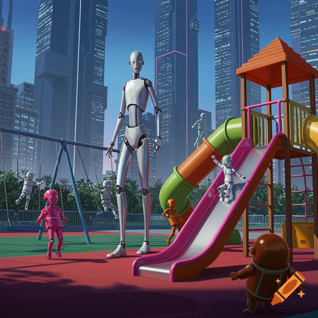 Robots play on swings and a slide in a futuristic city playground.