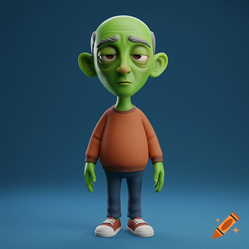3D render of a stylized green-skinned character with a sleepy expression