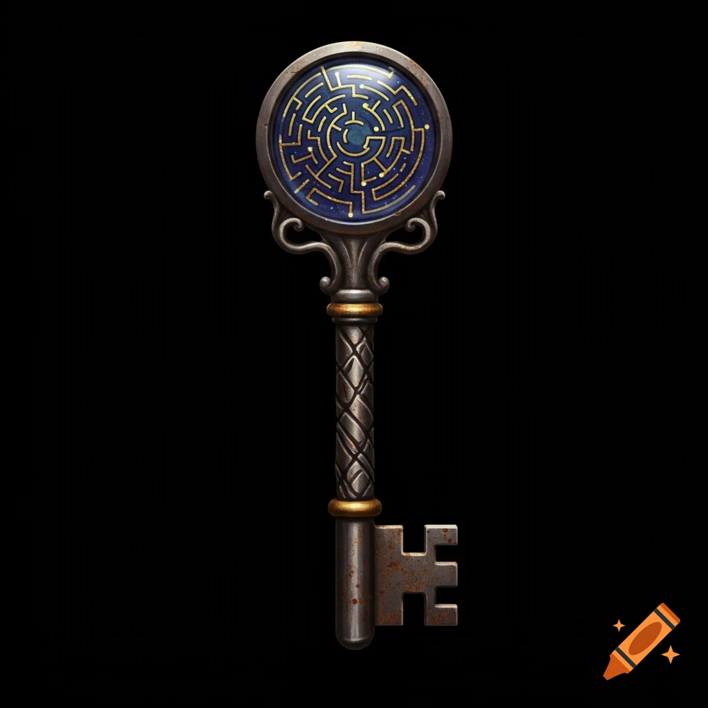 A detailed skeleton key with a round head containing a gold maze symbol on a blue background.