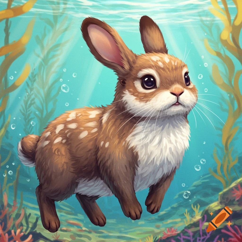A cute bunny and otter hybrid swims underwater.