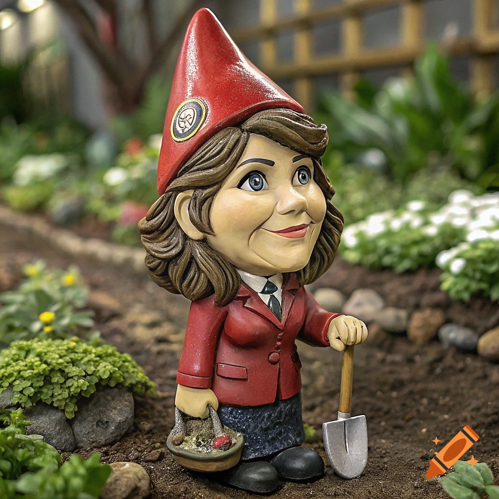 A ceramic garden gnome resembling a woman in a suit holds a basket and shovel in a garden.