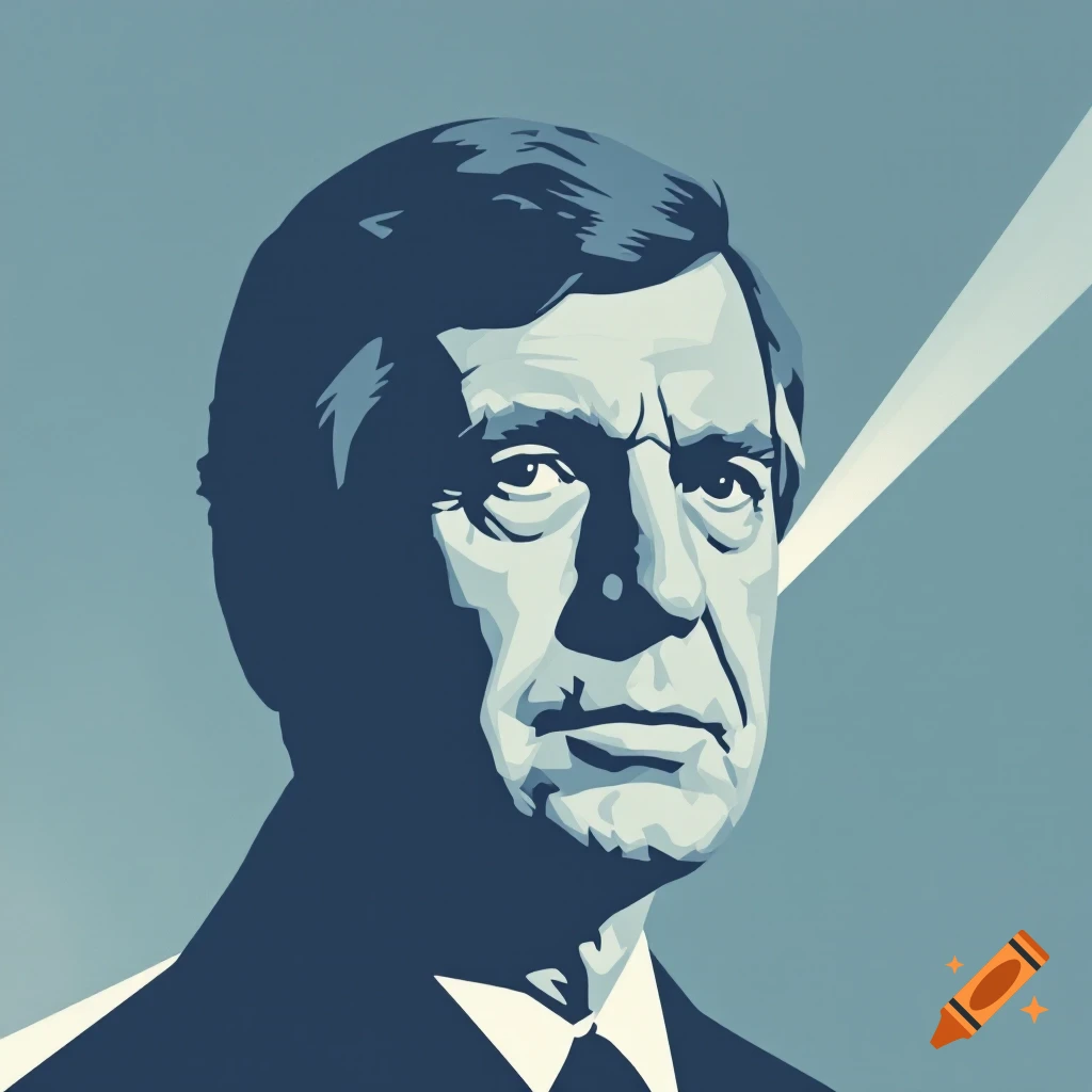 Stylized graphic portrait of a man in a suit, vintage poster style.