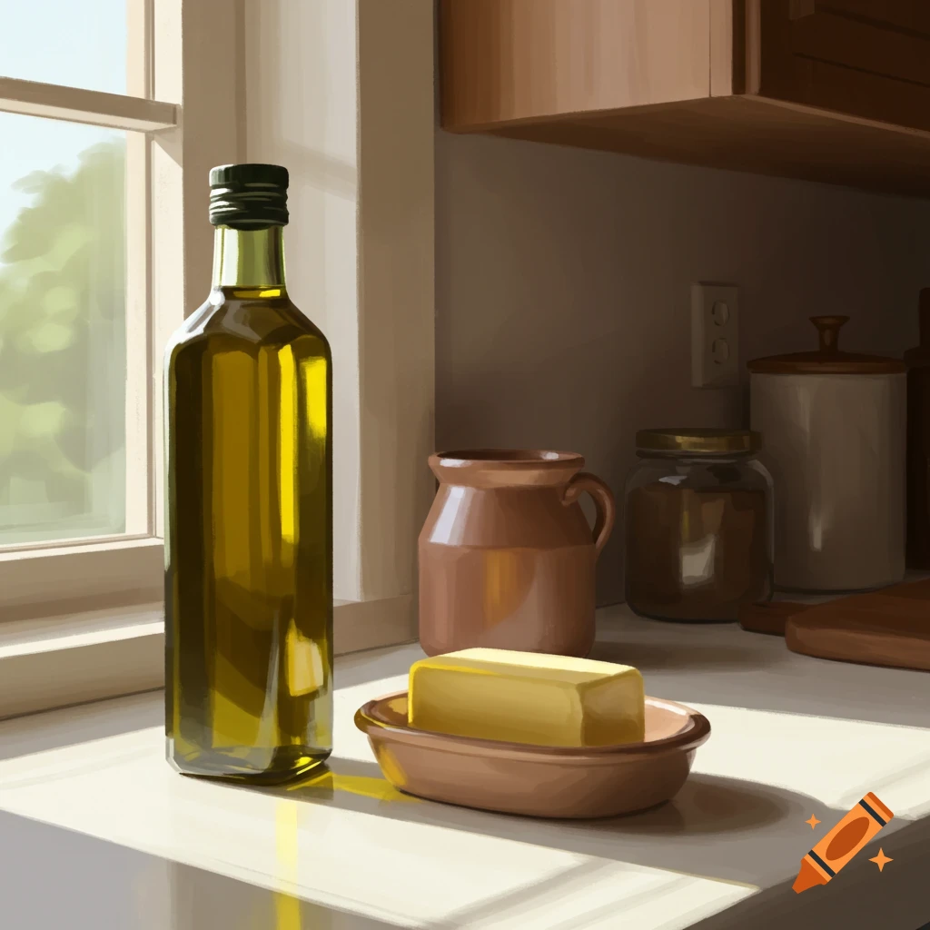 A bottle of olive oil and butter dish are on a sunlit kitchen counter