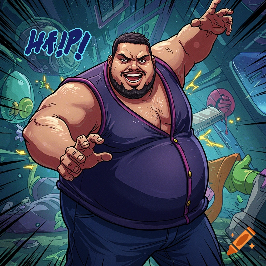 Graphic novel illustration of a large man in a purple tank top in a dynamic action pose.