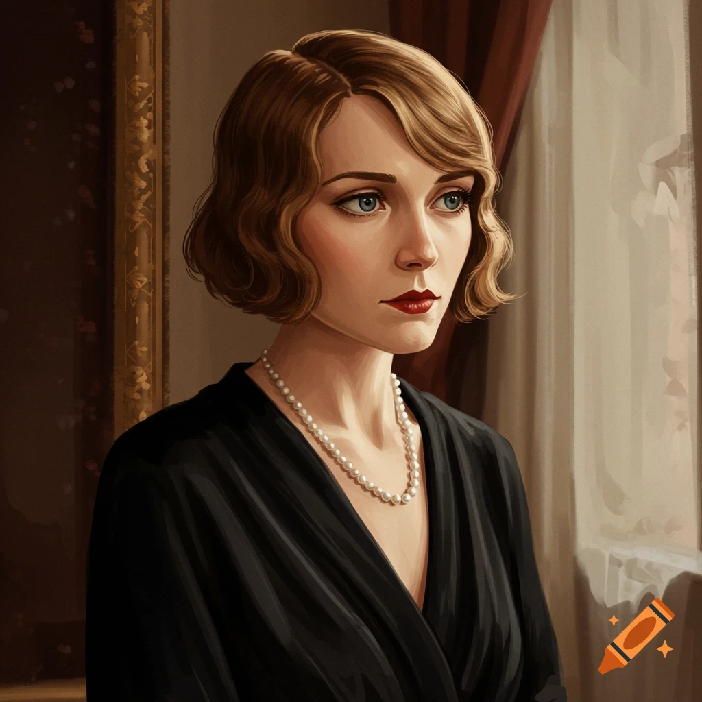 Portrait of a woman with short wavy hair and red lipstick, wearing a black dress and pearl necklace, looking out a window.