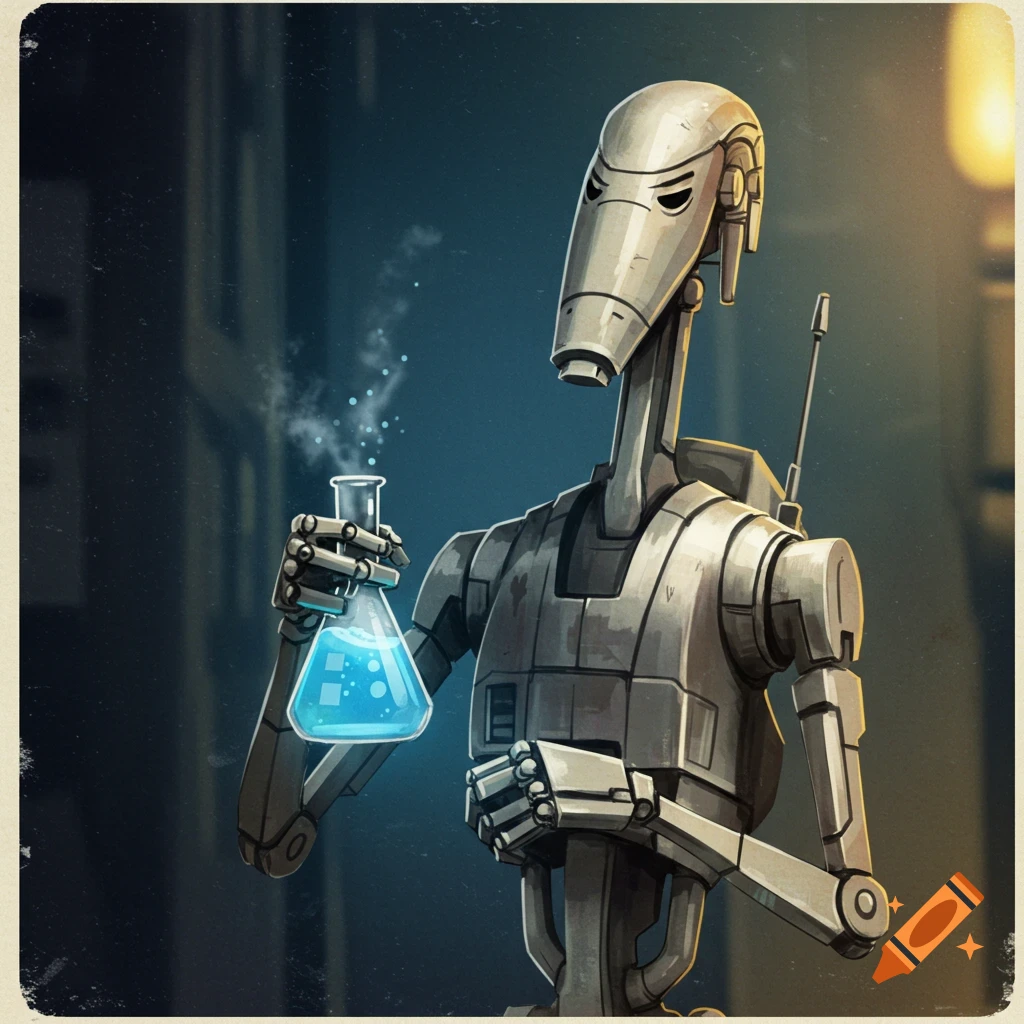 A Star Wars battle droid holding a steaming science beaker.