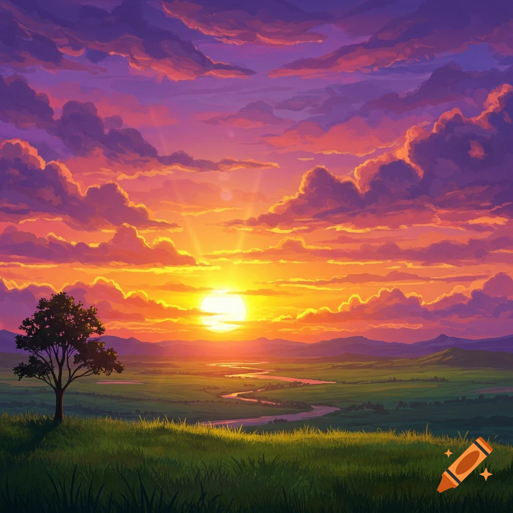 Anime style landscape, jungle, waterfall, flowers, sunset