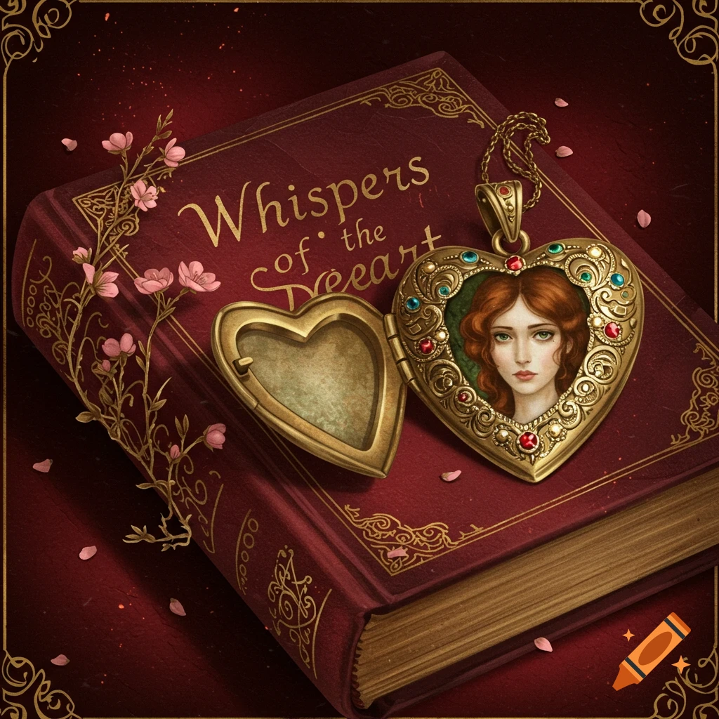 Still life image of an ornate book with a locket, portrait inside, and pink flowers on a red background.