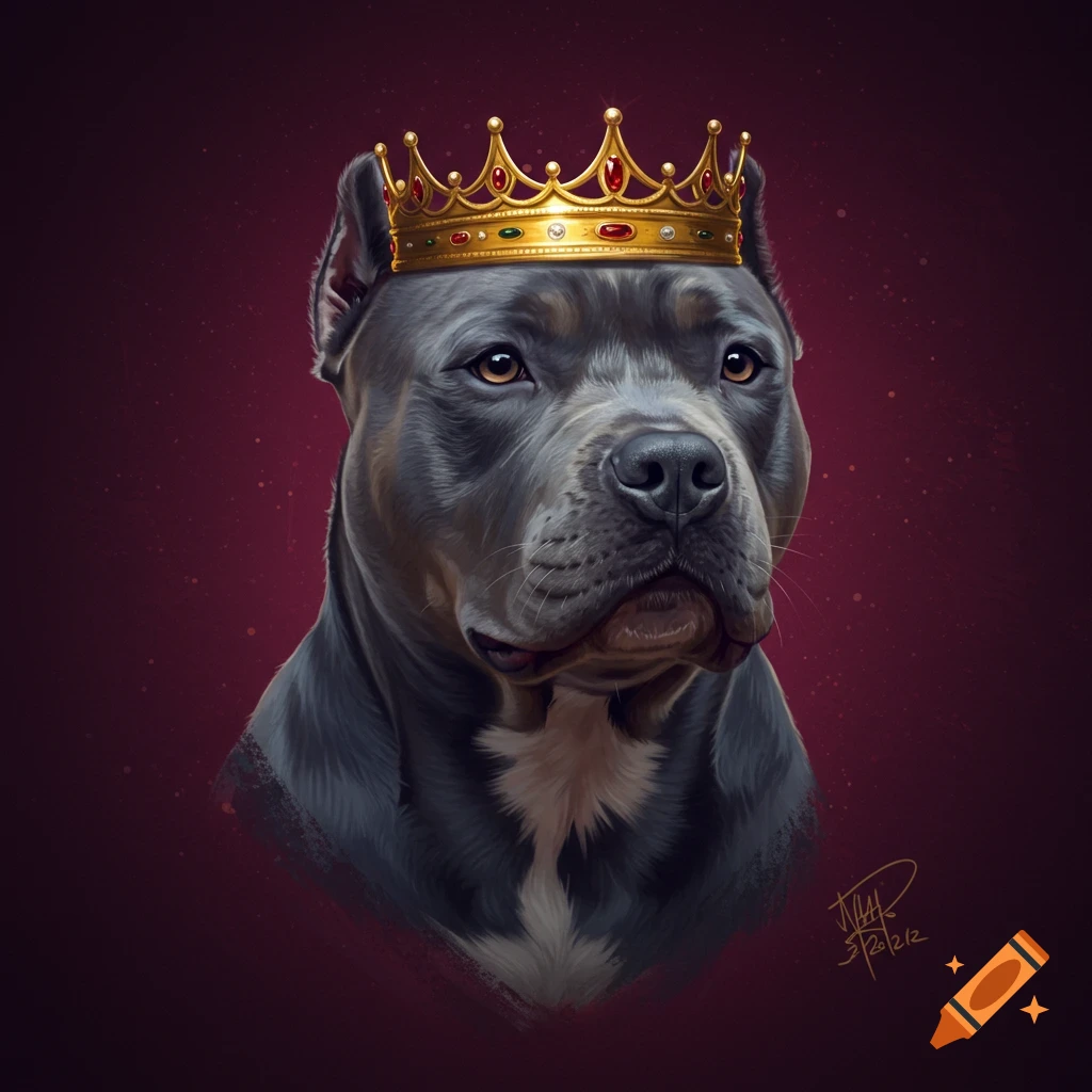 A blue pitbull dog wearing a gold crown.