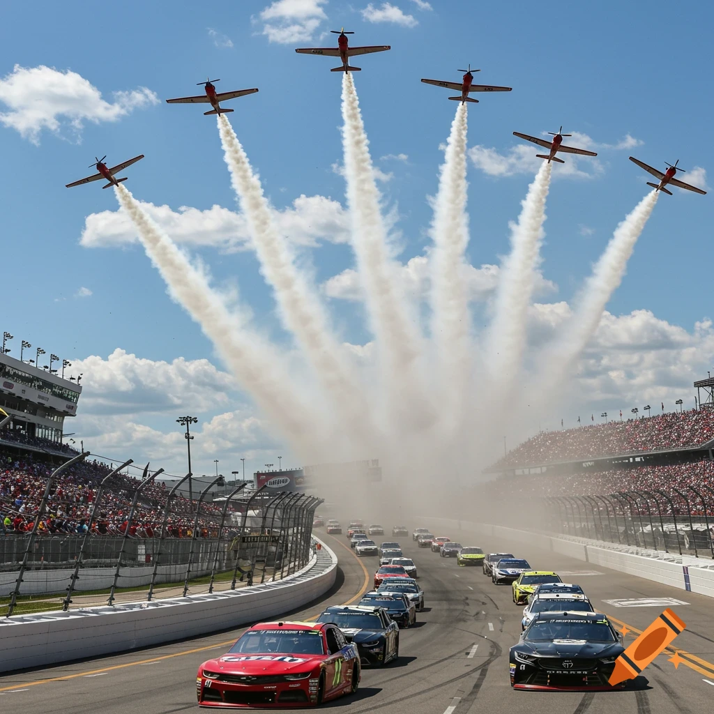 NASCAR race cars on track with six airplanes flying overhead trailing smoke