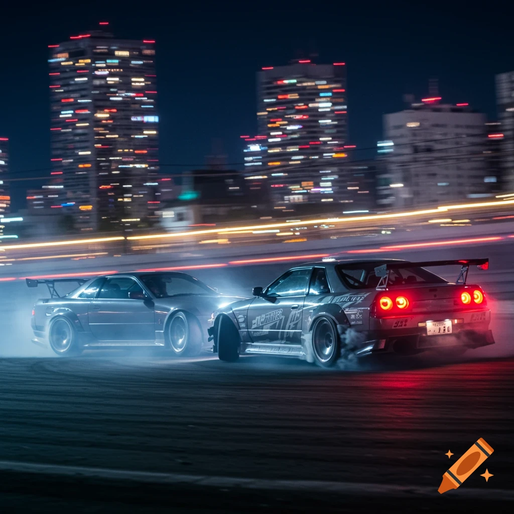 Two JDM cars drift side-by-side at night with city lights in the background.