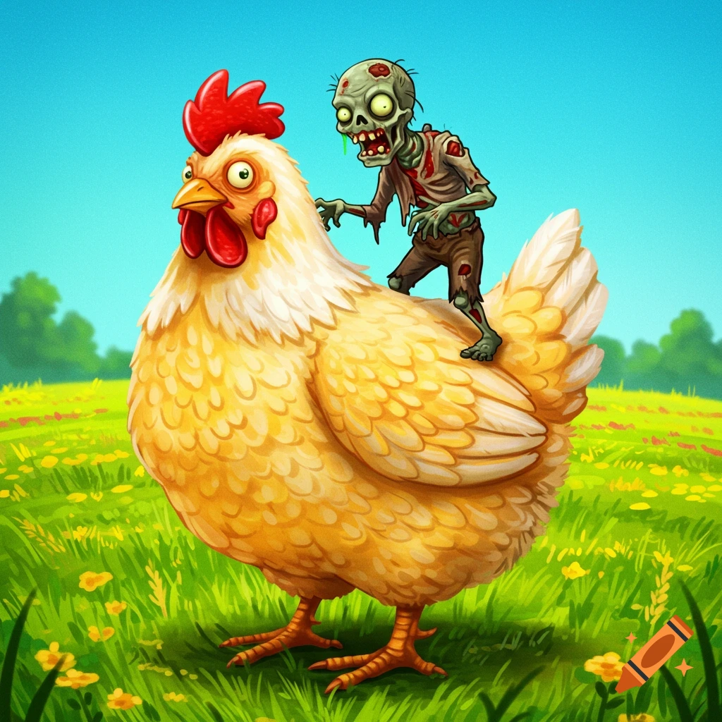 A surprised chicken carries a cartoon zombie on its back as they move through a sunny field.