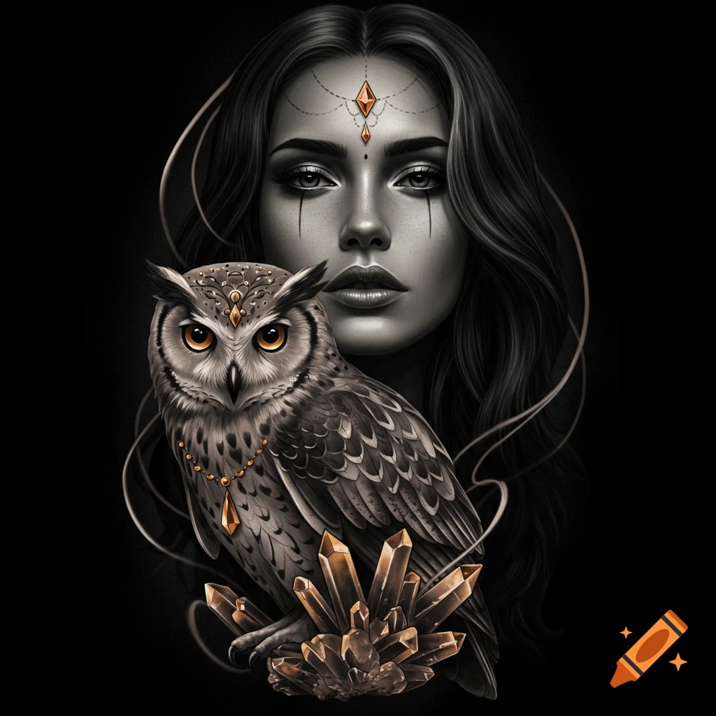 A woman with an owl and crystals in tattoo realism style.