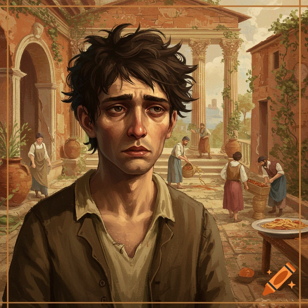 A sad young man in a historical Italian street scene.