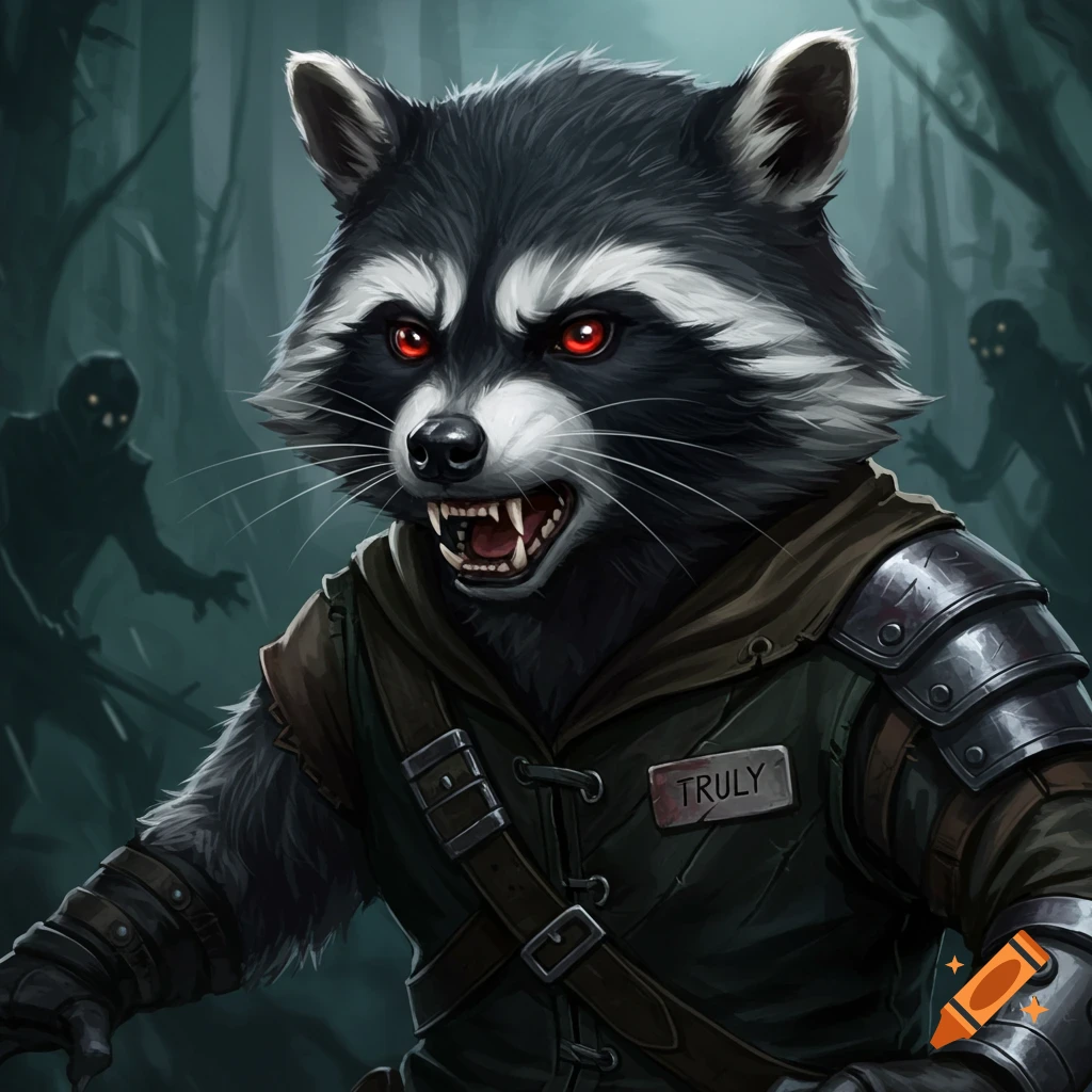 An armored raccoon with red eyes stands in a dark forest filled with shadowy figures.
