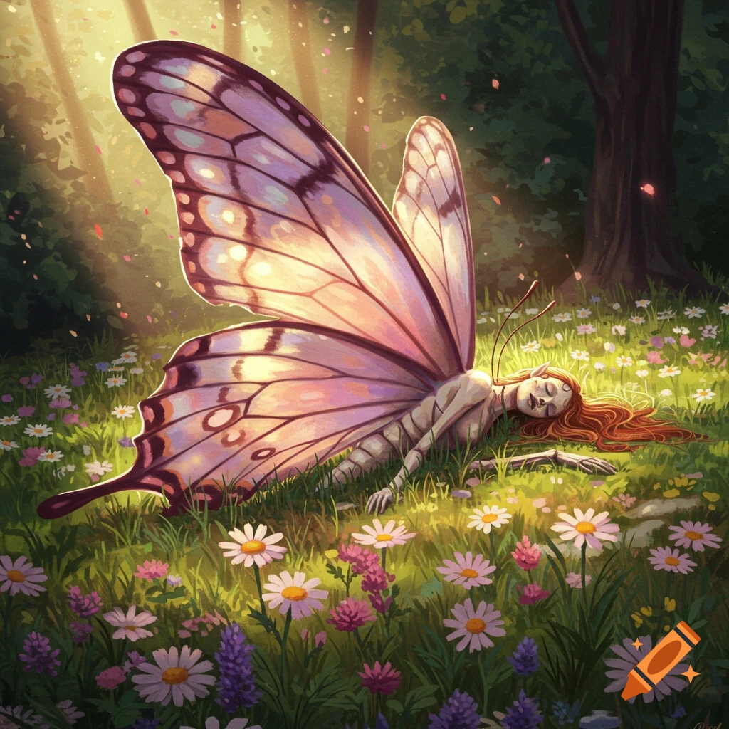 A dead butterfly fairy lying on her back in a sunny forest field with flowers.