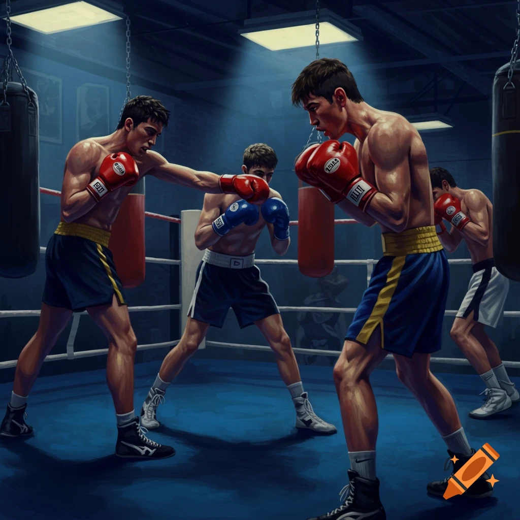Boxers training in a gym ring with punching bags