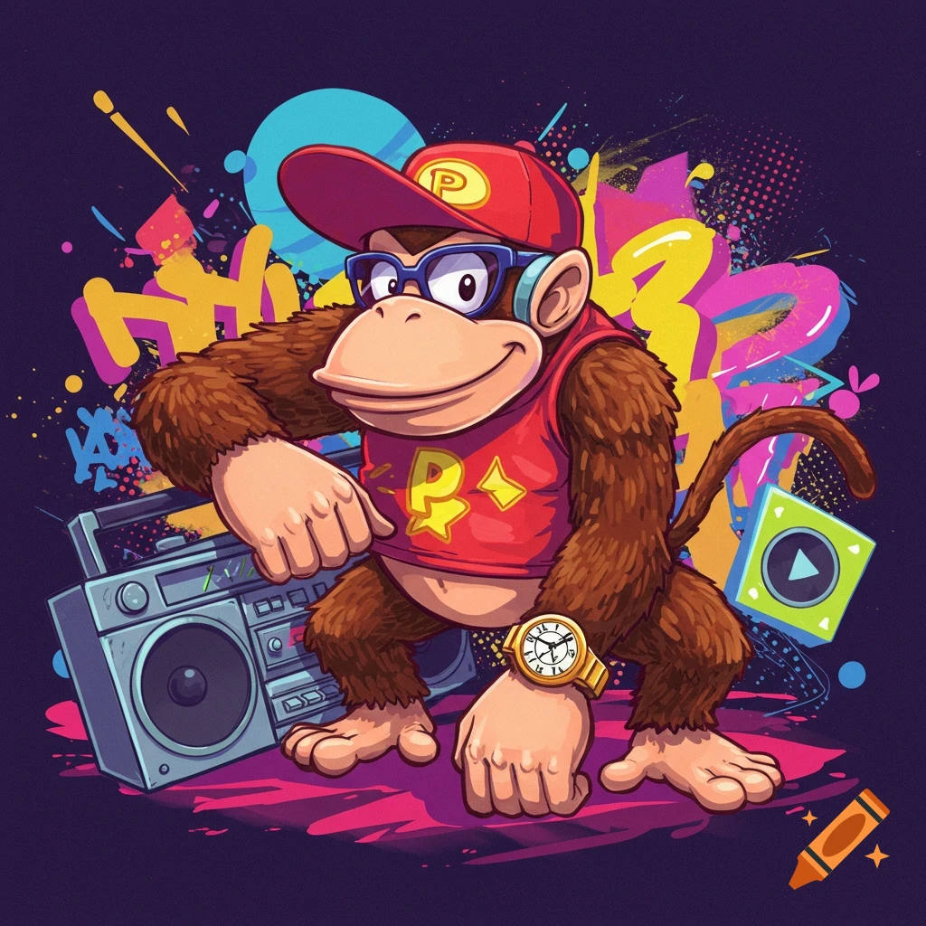 Cartoon monkey in hip hop style with boombox and graffiti background.