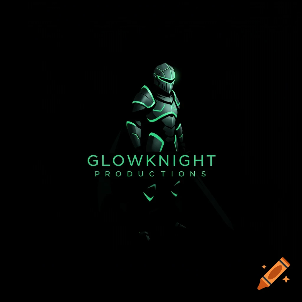 A minimalist illustration of a knight in glowing green and black armor standing over the words "GlowKnight Productions" on a black background.
