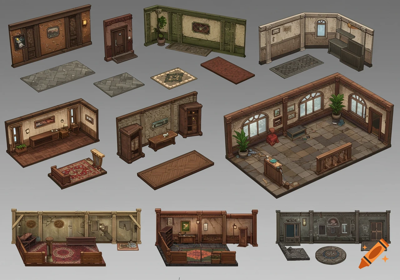 Isometric views of various modular interior game assets including walls, doors, furniture, and room layouts.