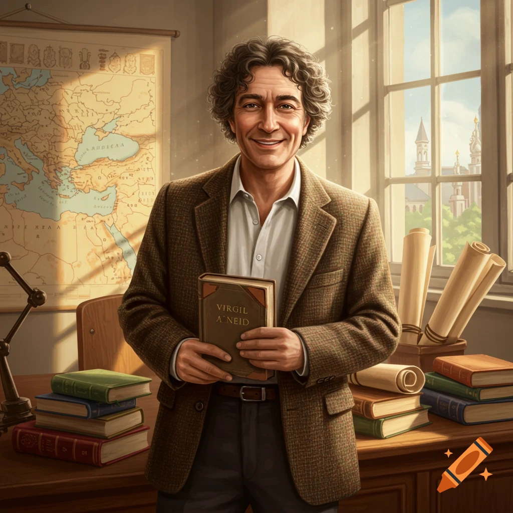 A man holding a book titled Virgil A'neid stands in a classroom with maps and books.
