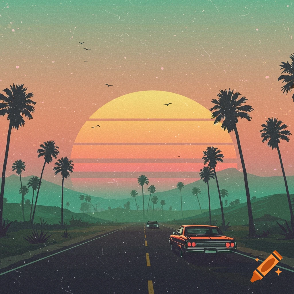 Retro image of a highway lined with palm trees at sunset with a classic car.