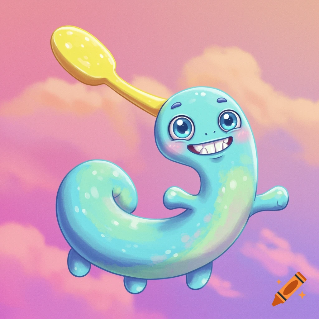 Blue squiggly creature with a yellow toothbrush head flying in a pink and purple sky, digital art.