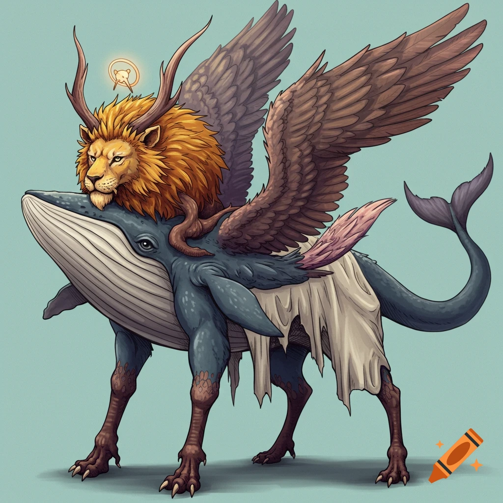 A fantastical creature with a lion head, whale body, legs, and wings.