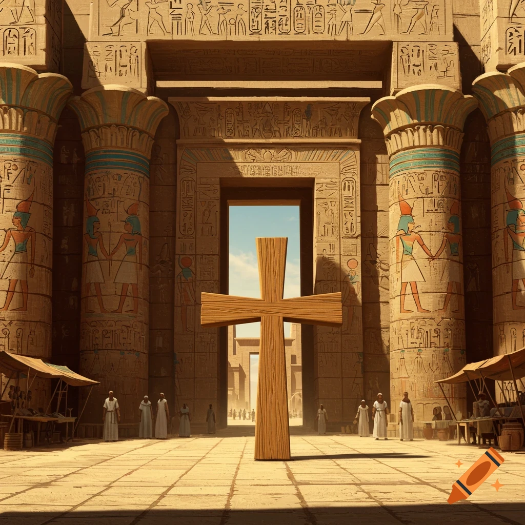 Large wooden cross in front of an ancient Egyptian temple with figures.