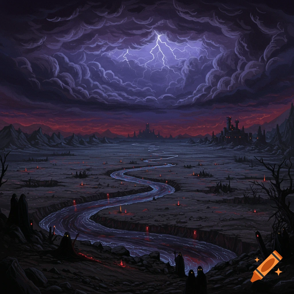 Dark fantasy landscape with a stormy sky, lightning, glowing river, shadowy figures, and distant castles.