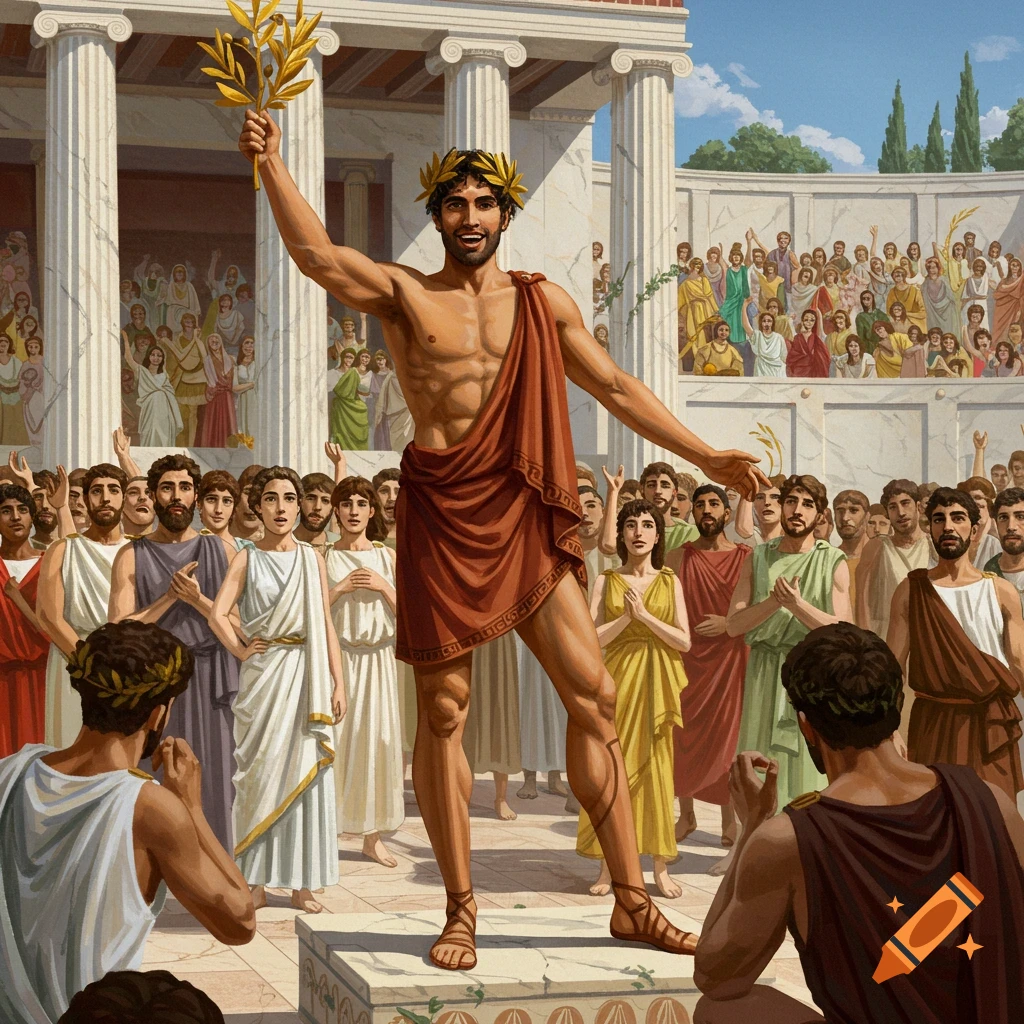 A muscular man in a red toga holding a laurel wreath stands on a podium before a cheering crowd in an ancient Greek setting.