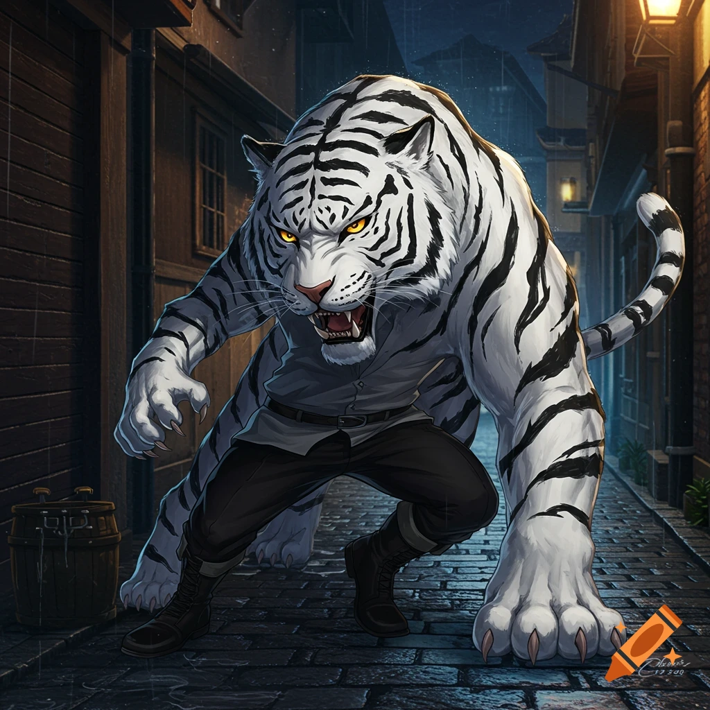 A fierce anthropomorphic white tiger in a shirt and pants stands in a dark, wet alley.