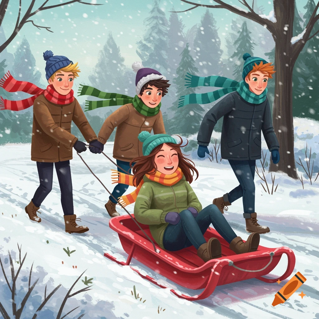 Digital illustration of three young men pulling a young woman on a red sled through a snowy forest.