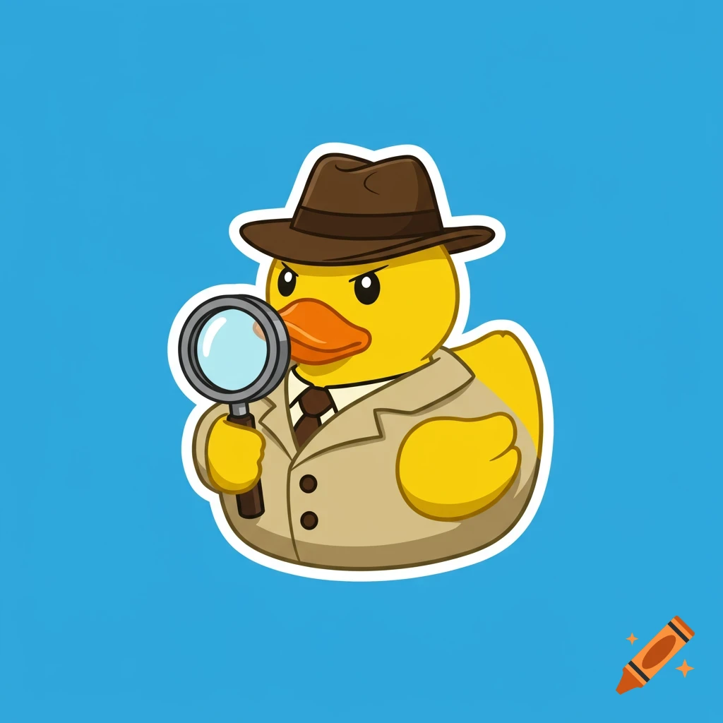A cartoon detective rubber duck holding a magnifying glass, like a sticker.
