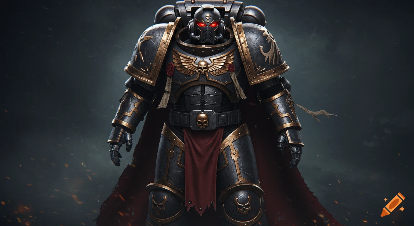 A full body image of a Warhammer 40k Space Marine in detailed black and gold power armor.