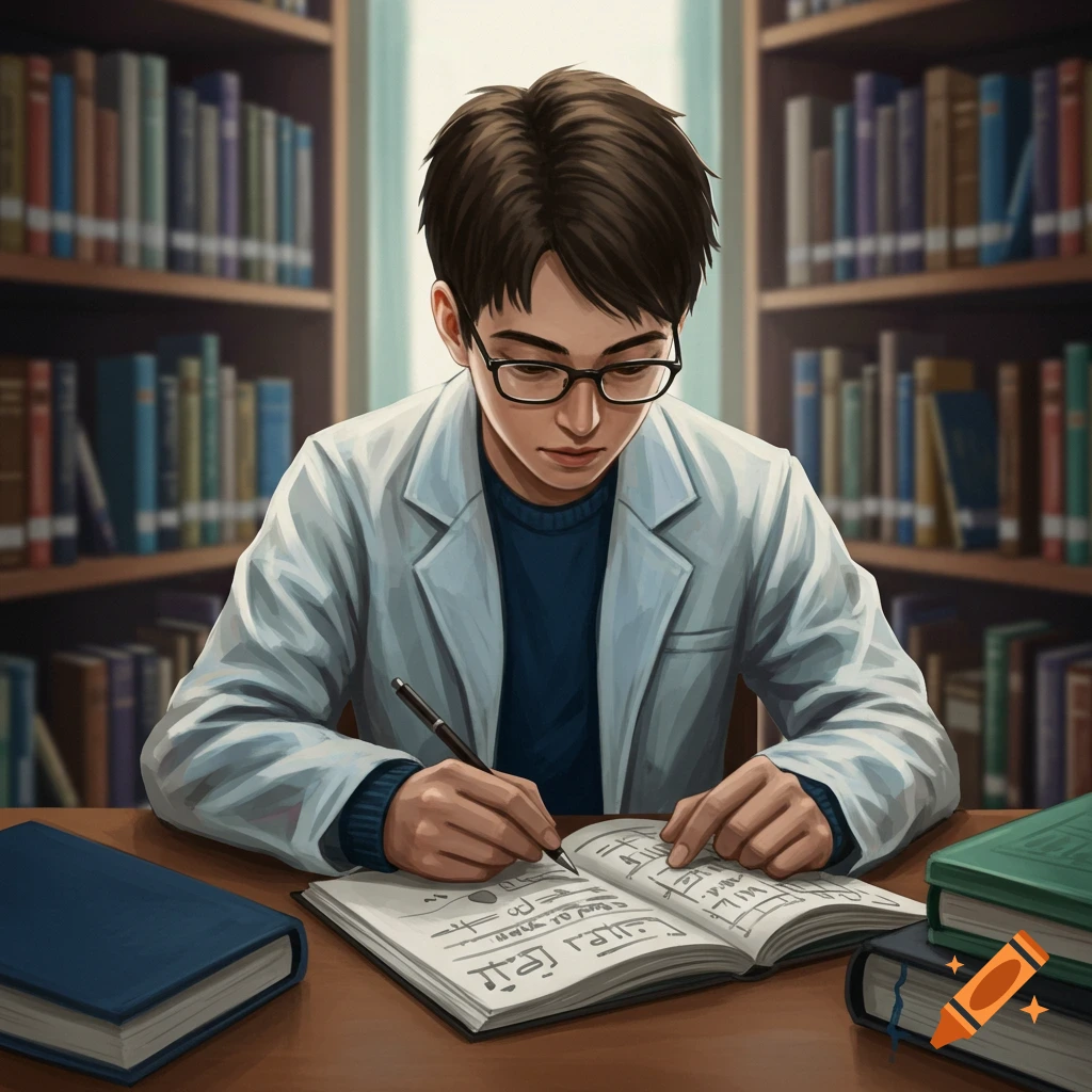 A student in a library wearing glasses and a lab coat, writing in a notebook.