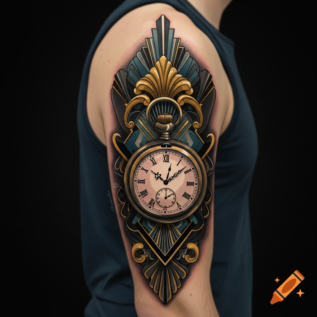 Art deco tattoo of a pocket watch on an arm