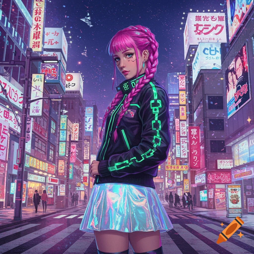 A woman with pink braided hair wearing a cyberpunk jacket and skirt stands in a futuristic city street lit by neon signs.
