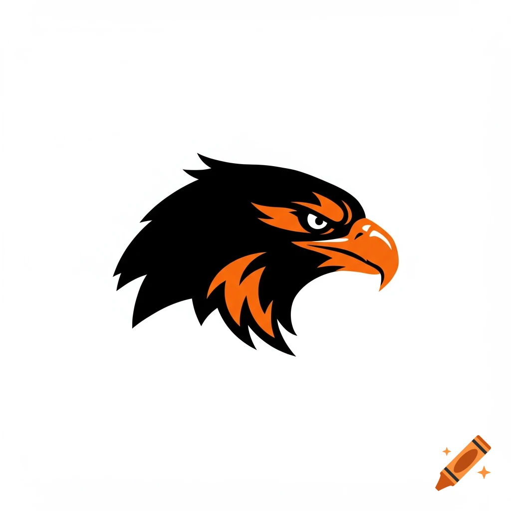 Black and orange stylized eagle head sports logo