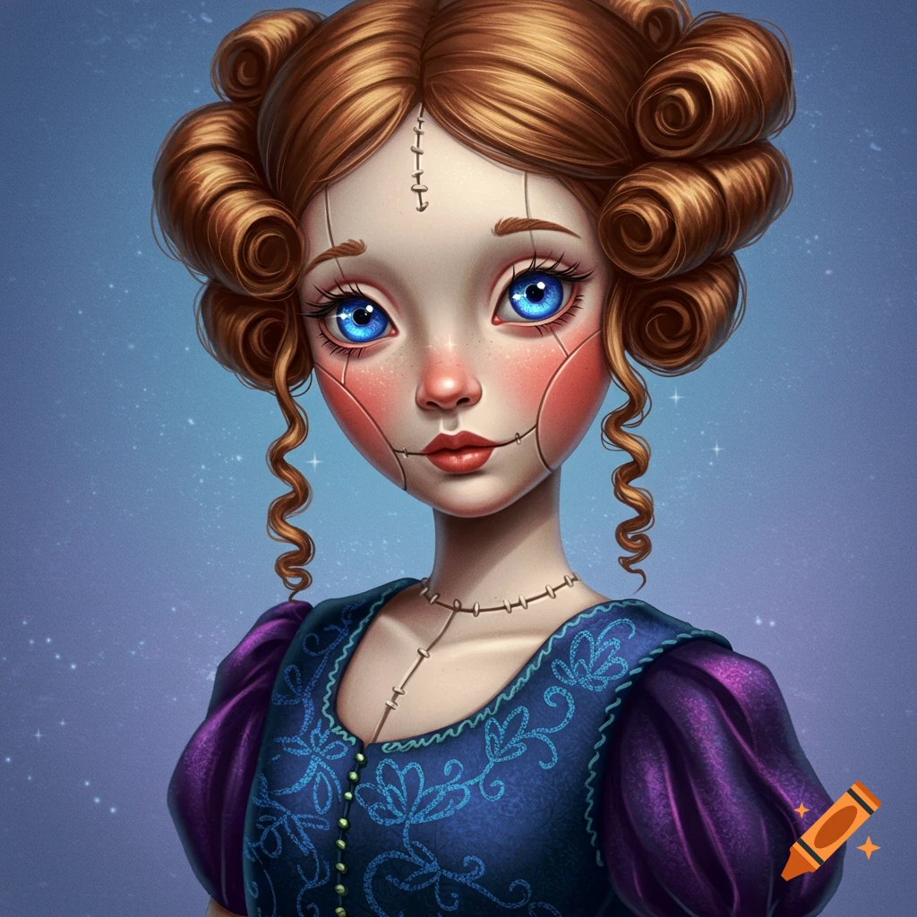 A doll-like girl with a stitched face, blue eyes, and elaborate hair wears a blue and purple dress.