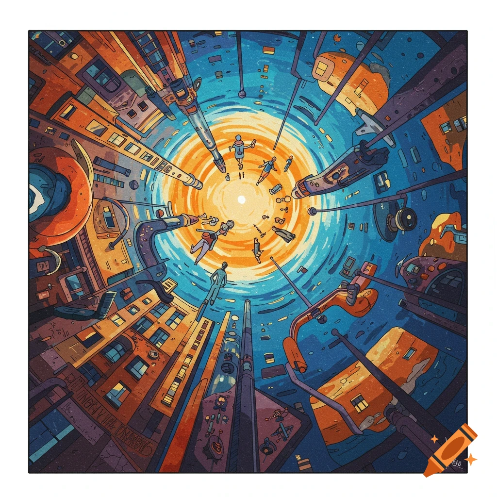 Stylized image looking up at tall buildings with people floating in a bright, swirling sky.