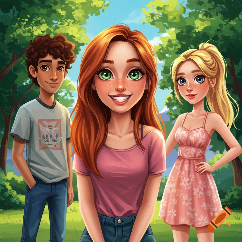 Three friends smiling in a park in a digital illustration style.