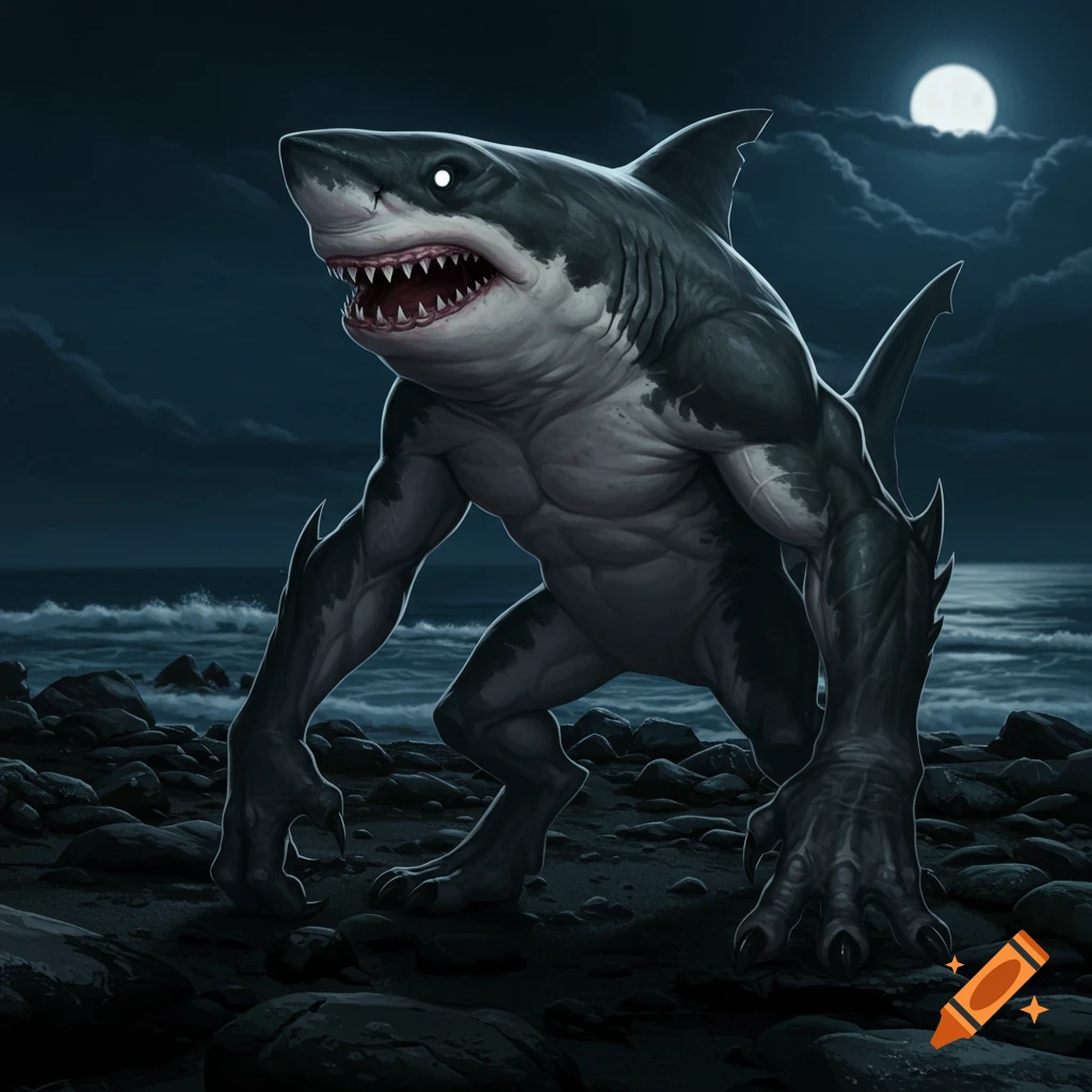 A shark creature with legs stands on a rocky beach at night.