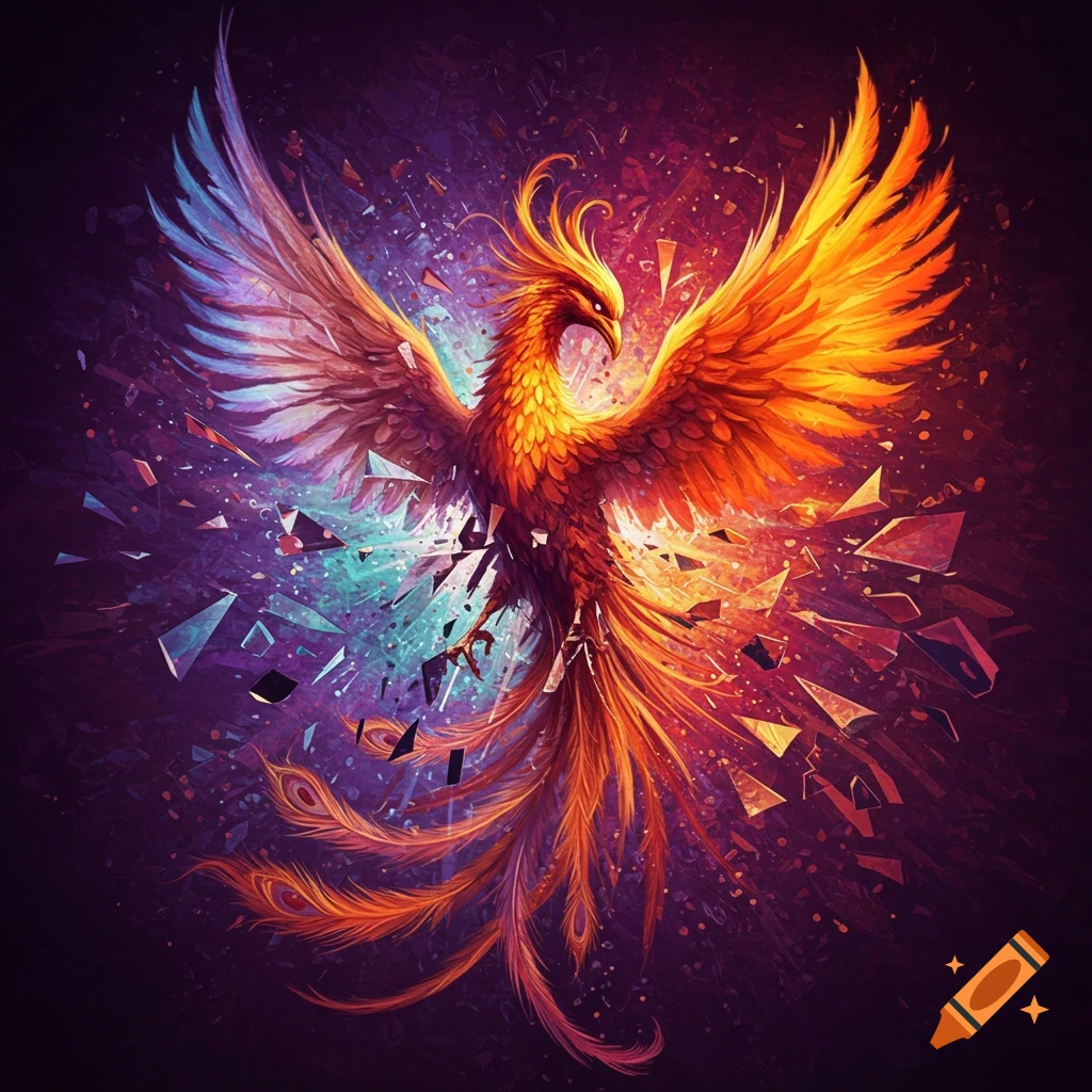 Colorful image of a phoenix shattering into abstract shards.